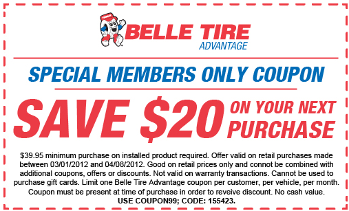 Belle Tire: $20 off Printable Coupon