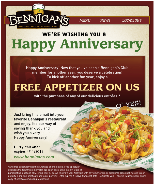 Bennigan's: Free Appetizer Printable Coupon