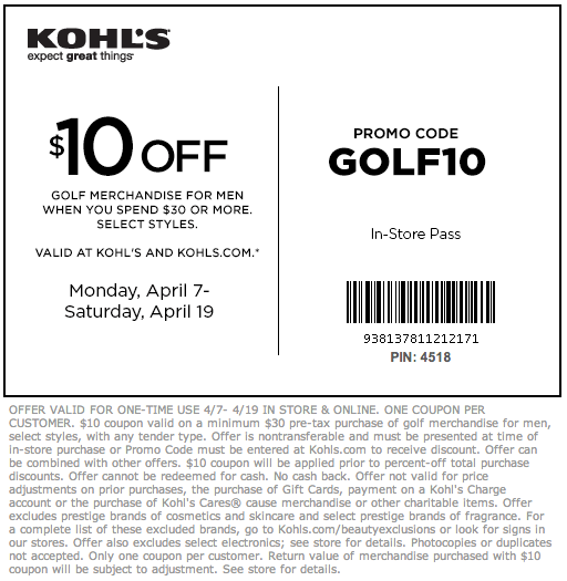 Kohl's: $10 off $30 Golf Merchandise Printable Coupon