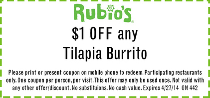 Rubios: $1 off Tilapia Burrito Printable Coupon