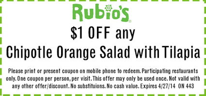Rubios: $1 off Tilapia Salad Printable Coupon
