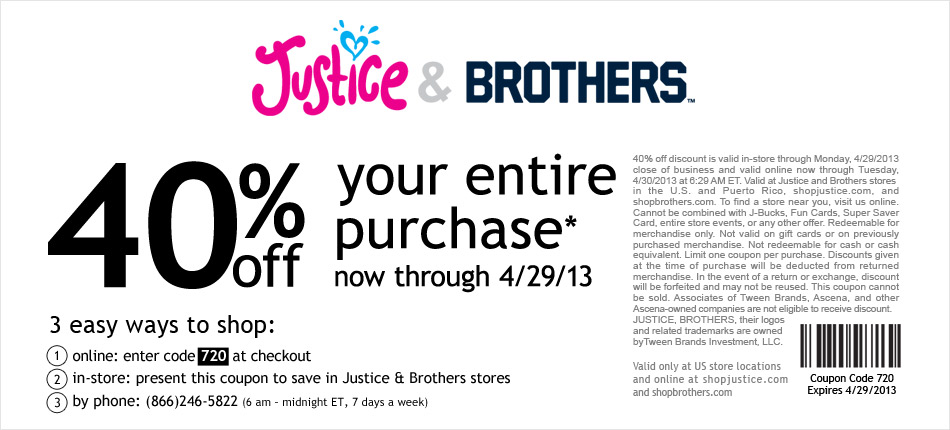 Justice: 40% off Printable Coupon