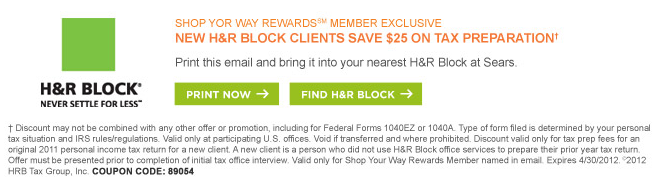 H&R Block: $25 off Printable Coupon