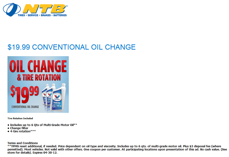 NTB Tire: $19.99 Oil Change Printable Coupon