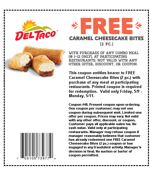 Del Taco: Free Cheesecake Bites Printable Coupon