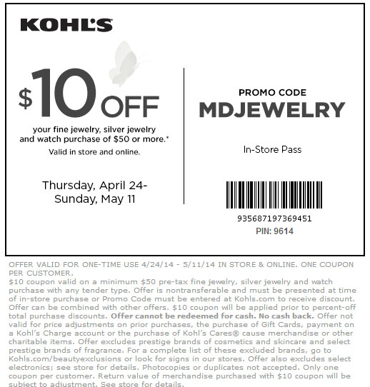 Kohl's: $10 off $50 Jewelry Printable Coupon