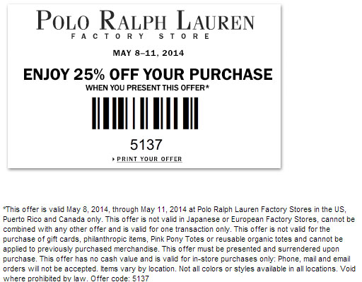 Ralph Lauren Factory Store: 25% off Printable Coupon