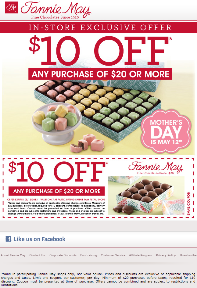 Fannie May: $10 off $20 Printable Coupon