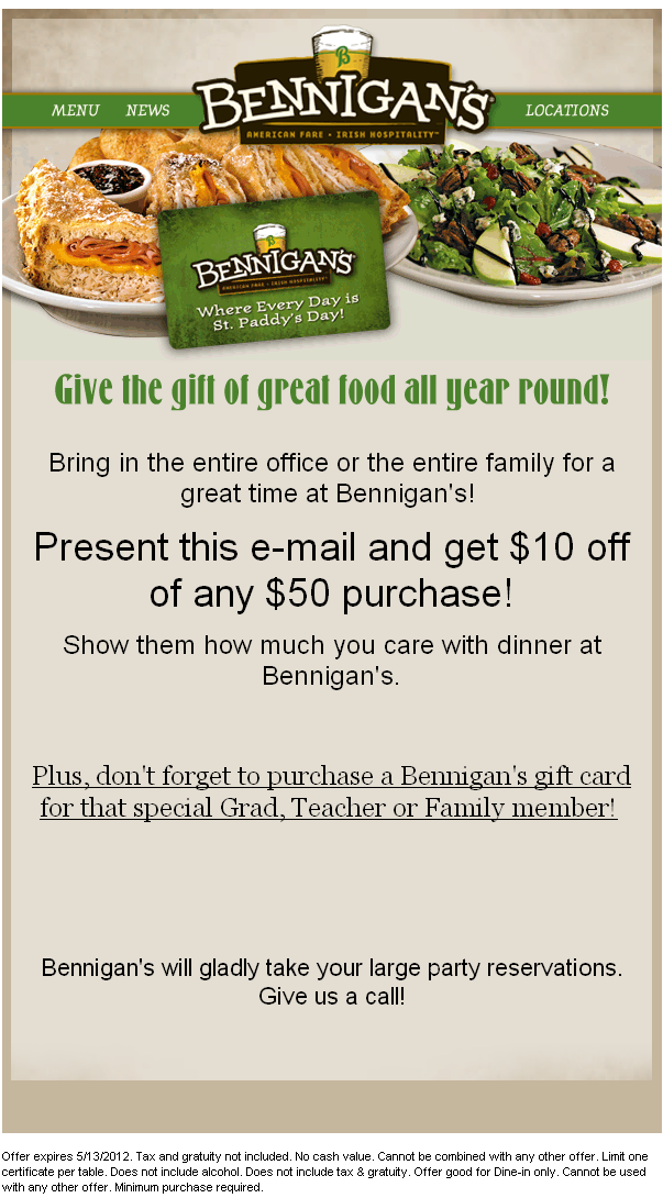 Bennigan's: $10 off $50 Printable Coupon