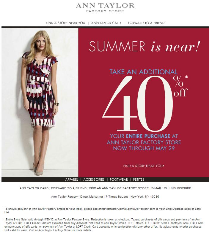 Ann Taylor Factory: 40% off Printable Coupon