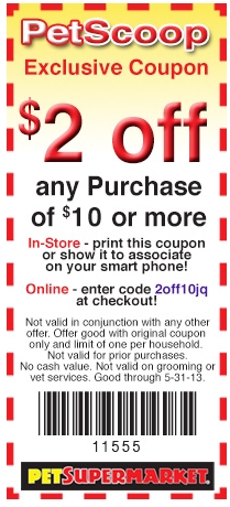 Pet-Supermarket: $2 off $10 Printable Coupon