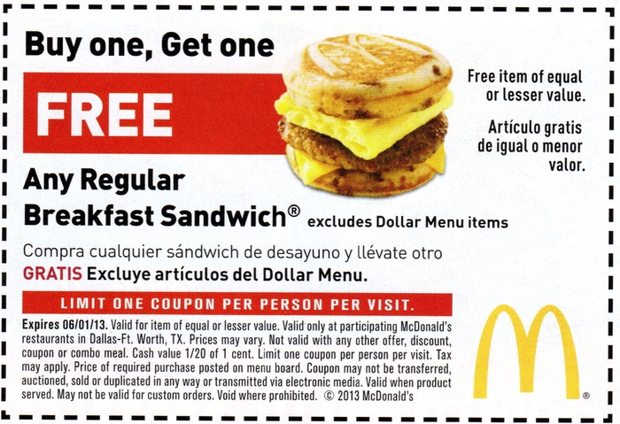 Mcdonalds: BOGO Free Breakfast Sandwich Printable Coupon