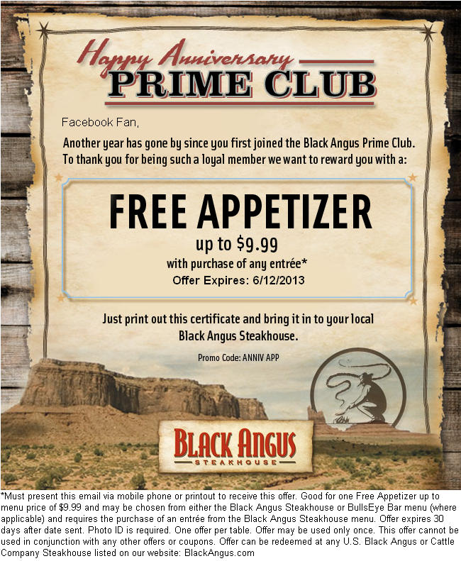 Black Angus: Free Appetizer Printable Coupon
