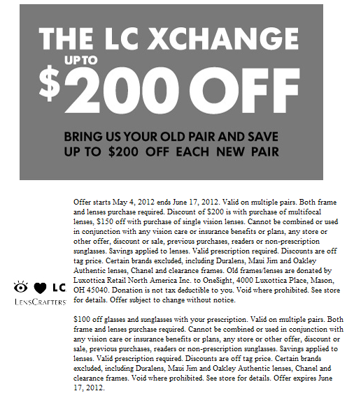 LensCrafter: Up To $200 Off Printable Coupon