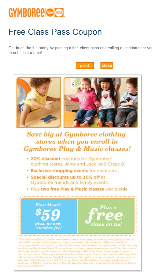 Gymboree: Free Class Pass Printable Coupon