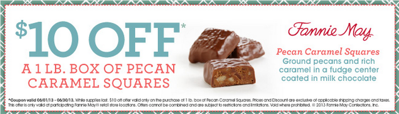 Fannie May: $10 off Caramel Squares Printable Coupon
