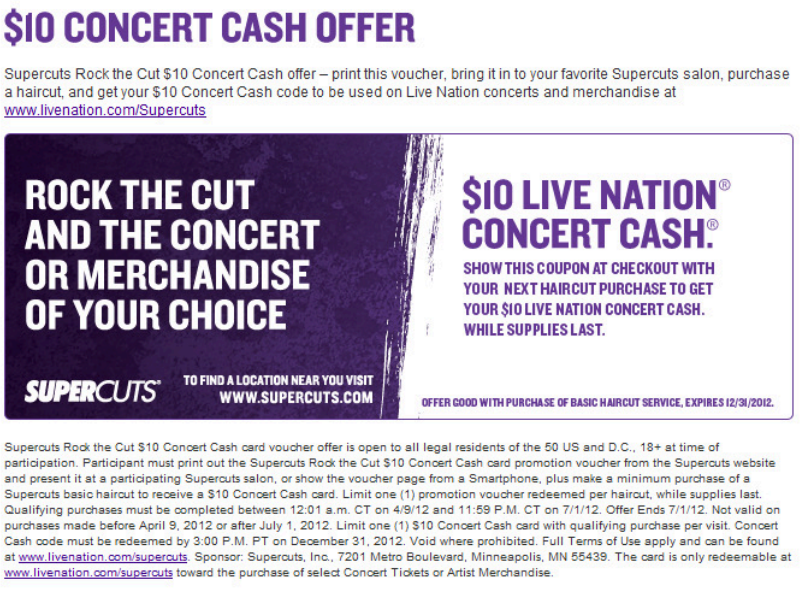 Supercuts: $10 Concert Cash Printable Coupon