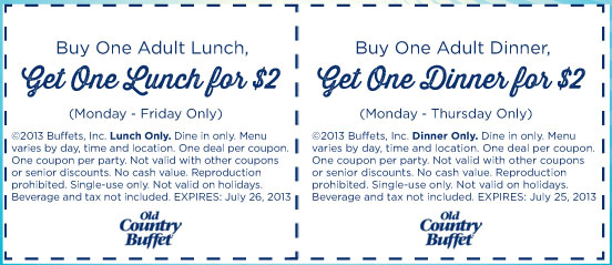 Old Country Buffet: BOGO $2 Buffet Printable Coupon