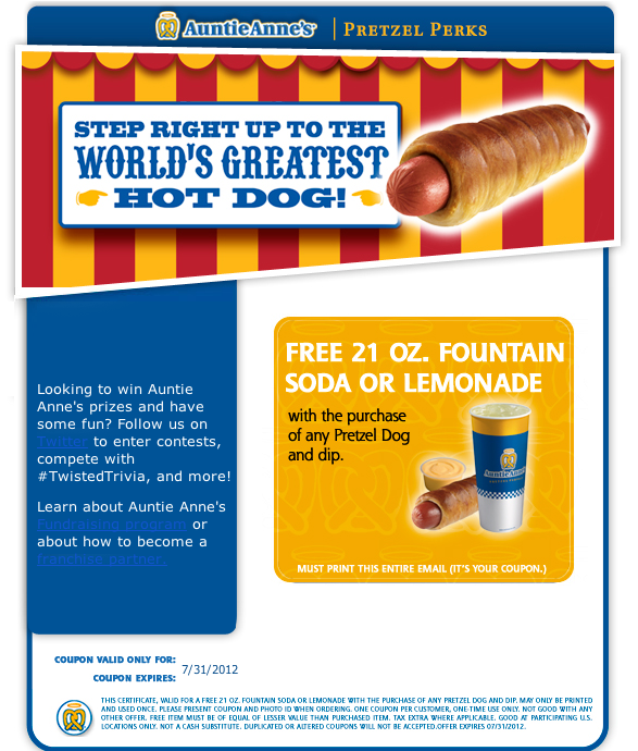 Auntie Annes: Free Drink Printable Coupon