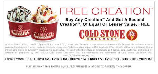 Cold Stone Creamery: BOGO Free Creation Printable Coupon
