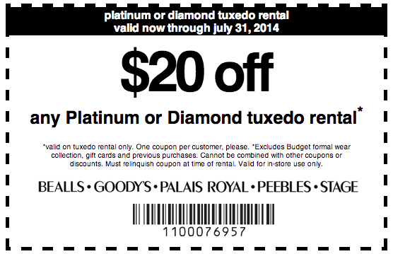 Goodys: $20 off Tuxedo Rental Printable Coupon