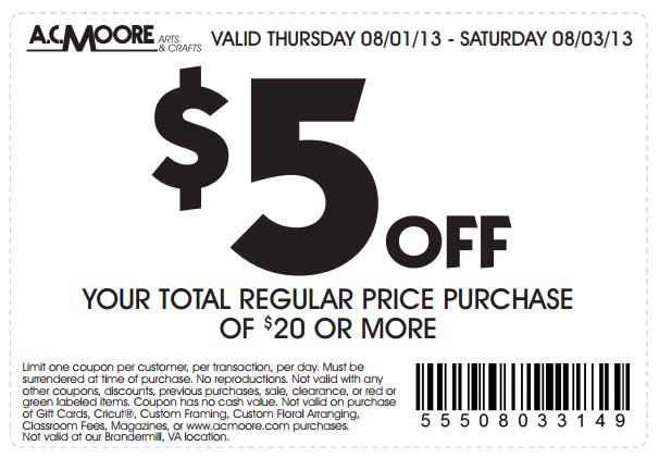 AC Moore: $5 off $20 Printable Coupon