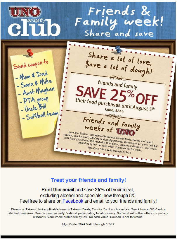 Uno Chicago: Grill: 25% off Printable Coupon