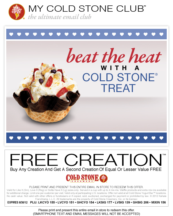 Cold Stone Creamery: BOGO Free Creation Printable Coupon