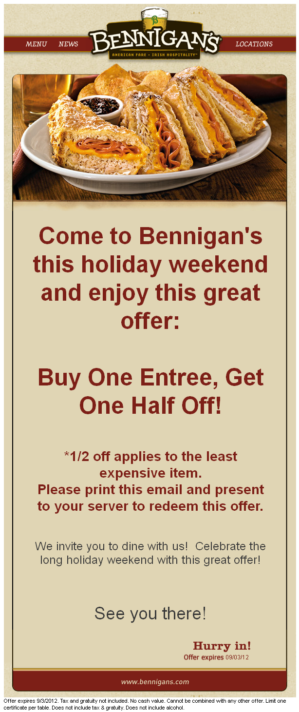 Bennigan's: BOGO 50% off Printable Coupon