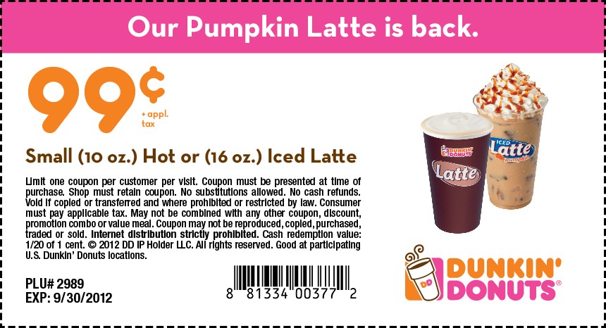 Dunkin Donuts: $.99 Latte Printable Coupon