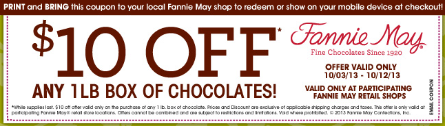 Fannie May: $10 off Chocolates Printable Coupon
