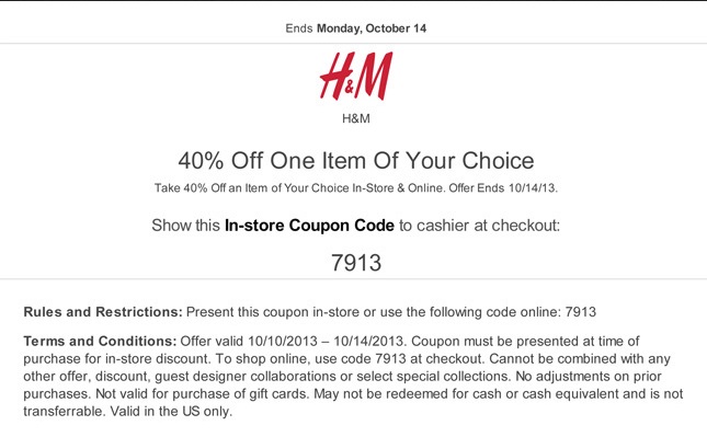 H&M: 40% off Item Printable Coupon
