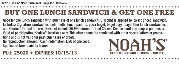 Noah's: BOGO Free Sandwich Printable Coupon