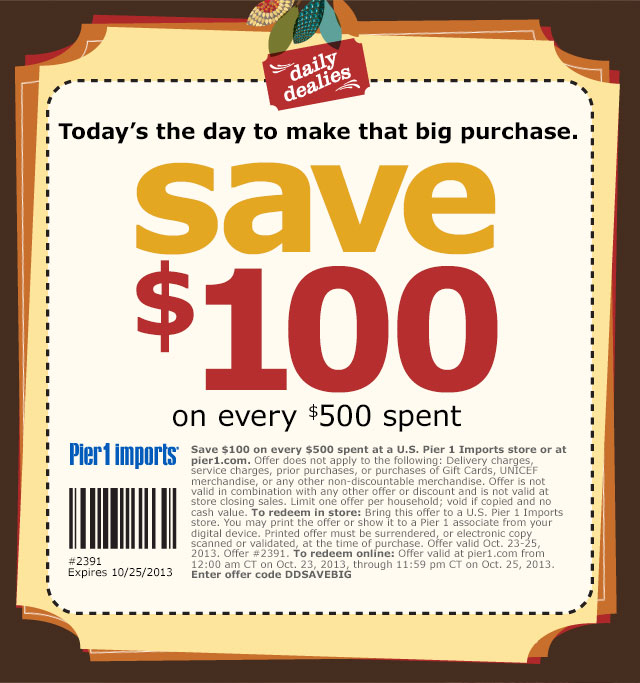 Pier 1 Imports: $100 off $500 Printable Coupon
