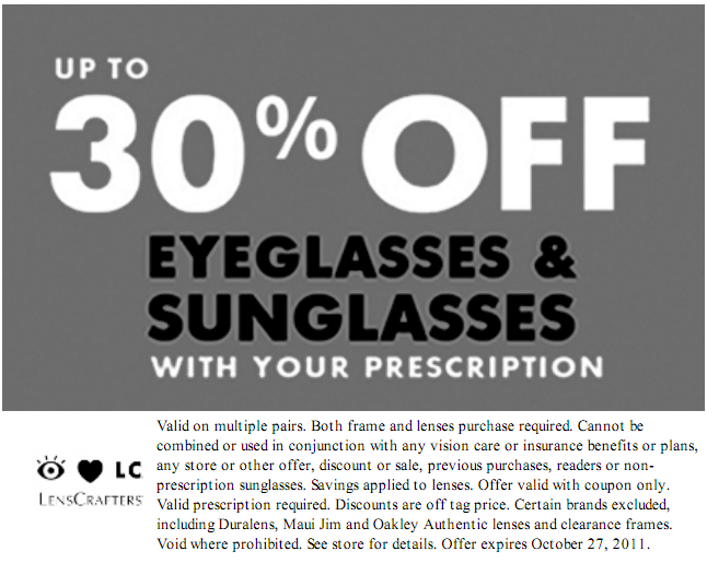 LensCrafter: 30% off Printable Coupon