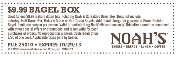 Noah's: $9.99 Bagel Box Printable Coupon
