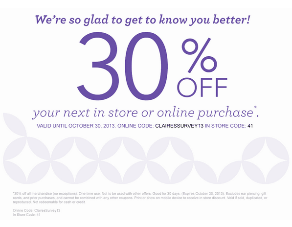 Claire's: 30% off Printable Coupon