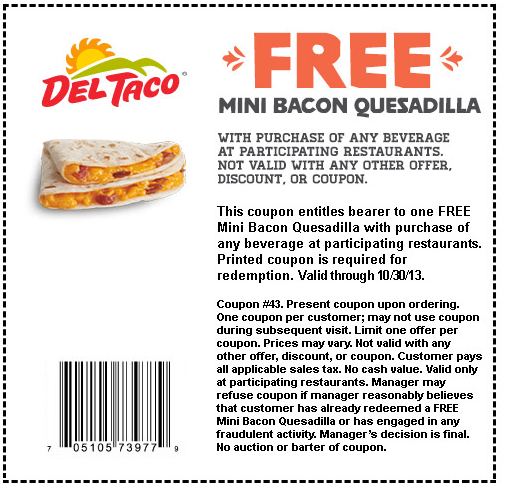 Del Taco: Free Quesadilla Printable Coupon
