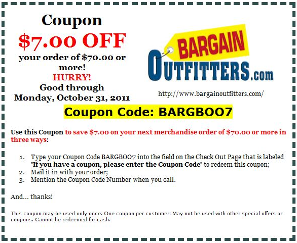 Bargain Outfitters: $7 off $70 Printable Coupon