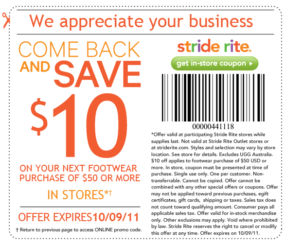 Stride Rite: $10 off $50 Printable Coupon