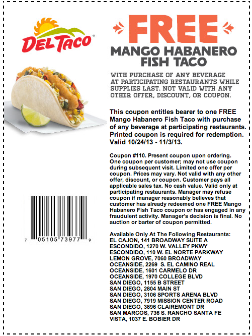 Del Taco: Free Fish Taco Printable Coupon