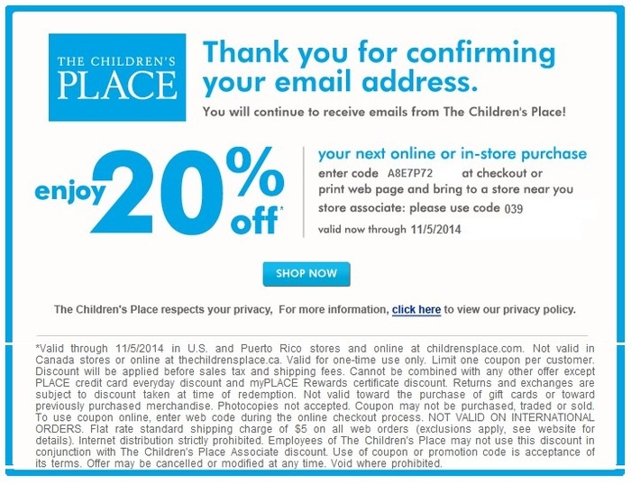 The Children's Place: 20% off Printable Coupon
