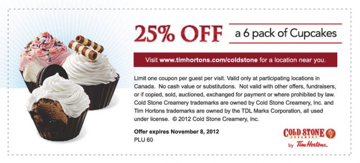 Cold Stone Creamery: 25% off Cupcakes Printable Coupon