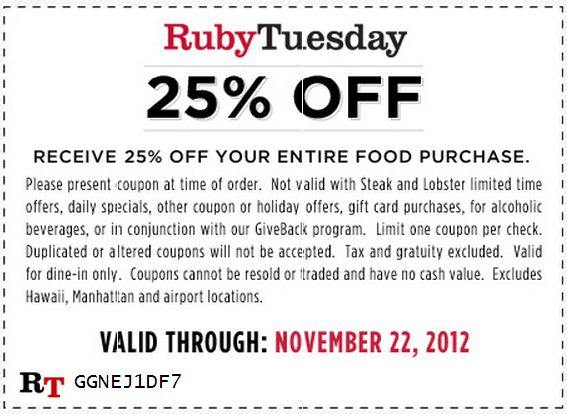 Ruby Tuesdays Promo Coupon Codes and Printable Coupons