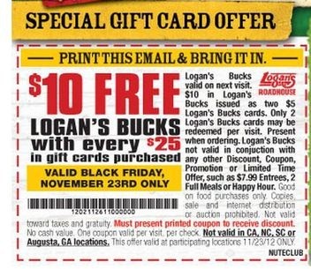 Logan's Roadhouse: $10 Free Logan's Bucks Printable Coupon