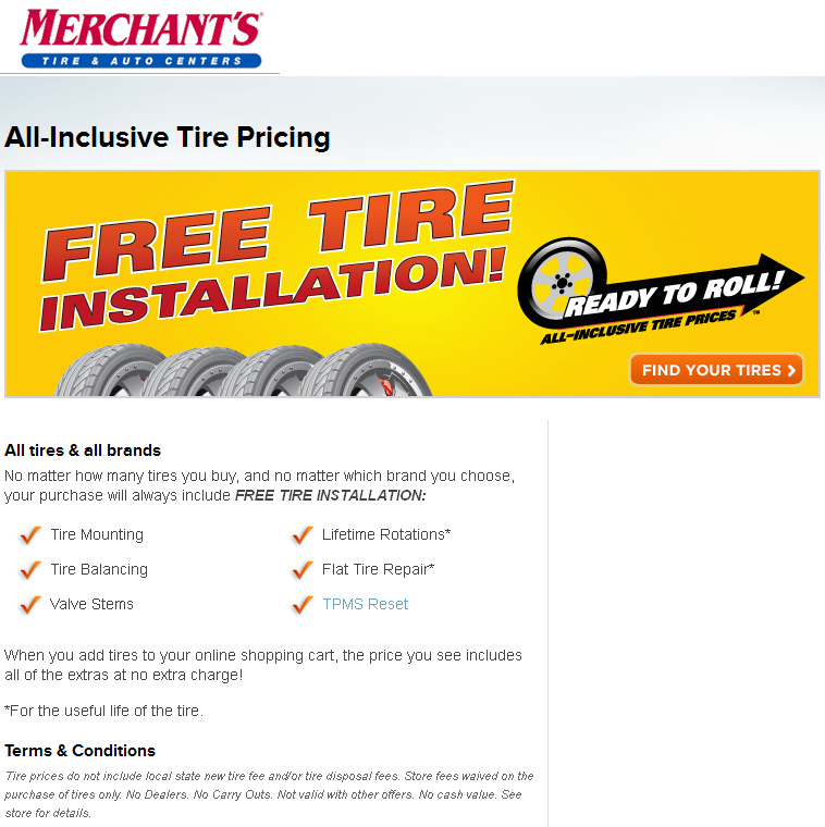 Merchant's Tire & Auto Centers: Free Tire Installation Printable Coupon
