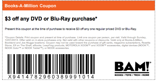 BOOKSAMILLION.COM: $3 off DVD or Blu-Ray Printable Coupon