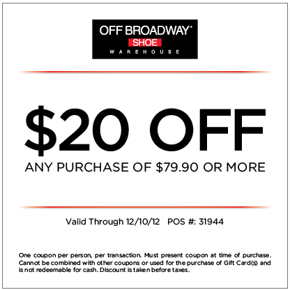 Off Broadway Shoes: $20 off $79.90 Printable Coupon