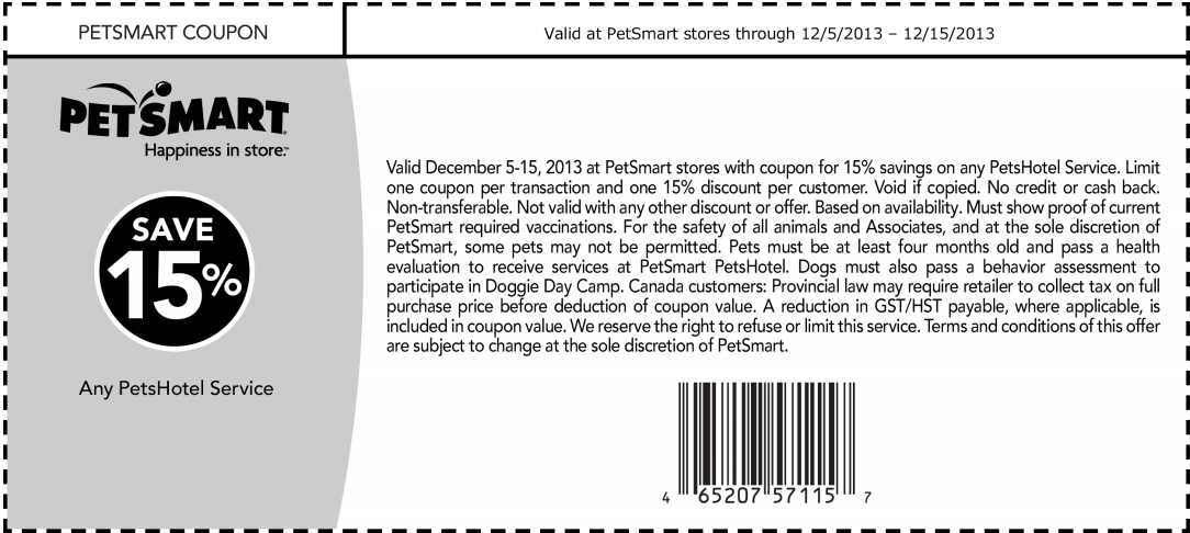 PetSmart: 15% off PetsHotel Printable Coupon