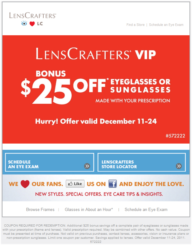 LensCrafter: $25 off Printable Coupon